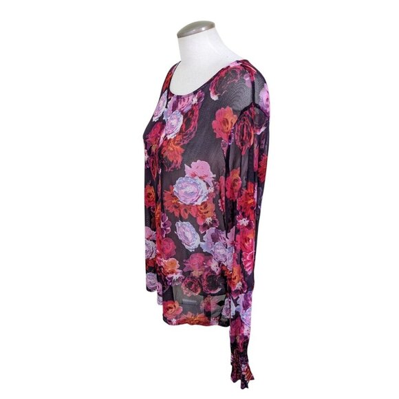 Womens Plus 3X Mesh Floral Top Blouse Smocked Wrist Bell Sleeve Sheer Bohemian - Picture 3 of 8